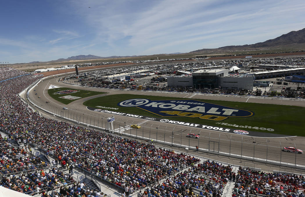 Drivers compete during the Monster Energy NASCAR Cup Series Kobalt 400 auto race at Las Vegas Motor Speedway in Las Vegas on Sunday, March 12, 2017. (Chase Stevens/Las Vegas Review-Journal) @csste ...