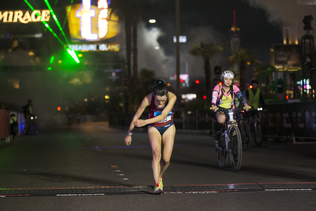 Katja Goldring completes the half-marathon run in the annual Rock ‘n’ Roll Marathon at the Strip near The Mirage hotel-casino on Sunday, Nov. 13, 2016, in Las Vegas. Erik Verduzco/La ...
