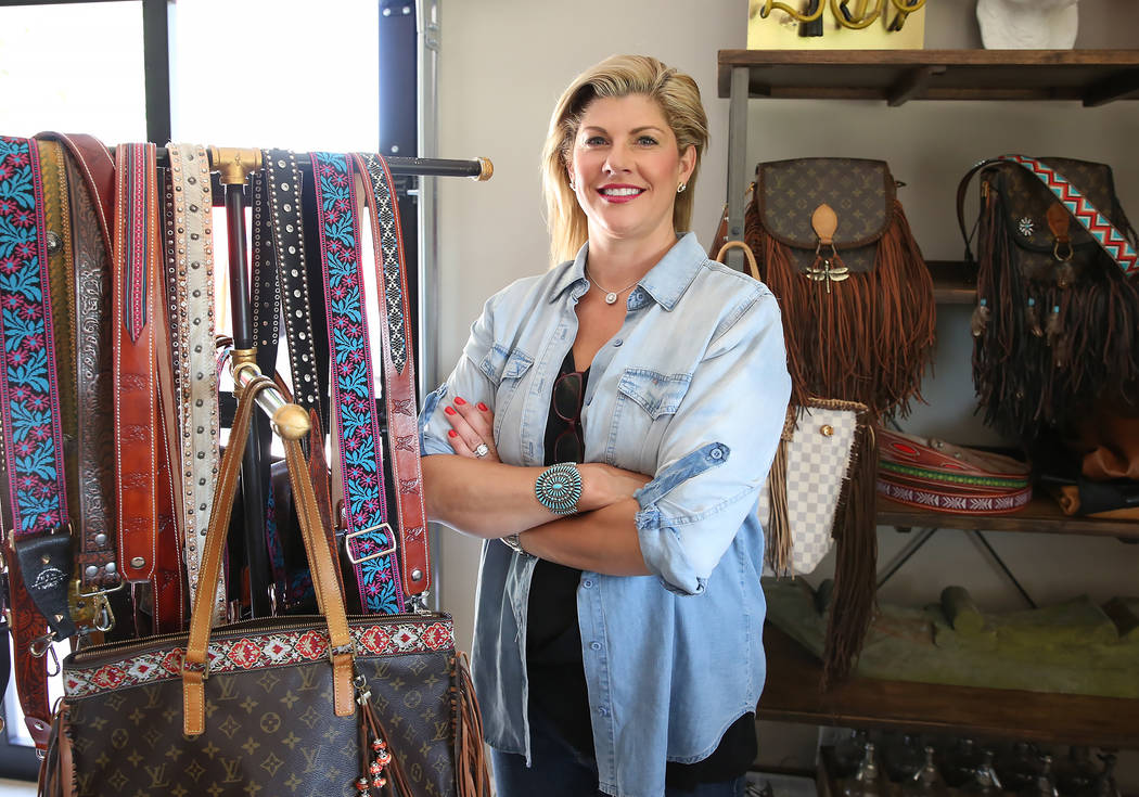 Co-owner of New Vintage, Stephanie Ponder, displays custom purse straps and bags Friday, June 30, 2017, at the Las Vegas home of Tanya Crawford, director of design.  Bizuayehu Tesfaye/Las Vegas Re ...