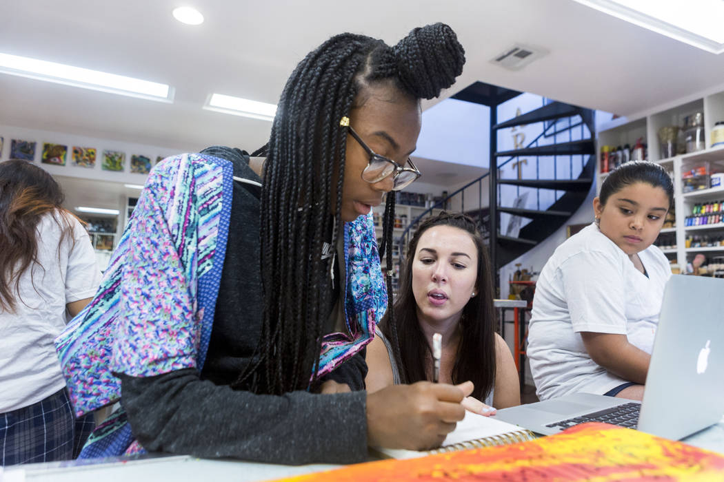 West Prep student Shanette Roberson, 15, left, learns drawing techniques from Core Academy instructor Rachel Martin during an art summer camp at the late Joyce Straus' home in Las Vegas, Thursday, ...