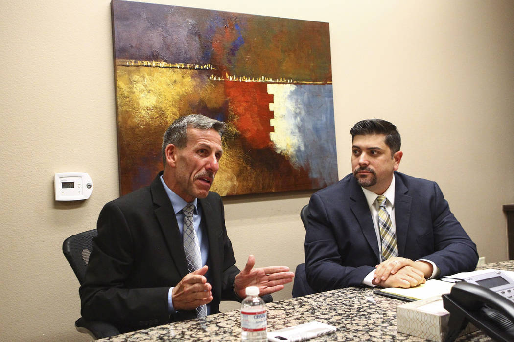 Rob Boynes, left, with his attorney Jack Fleeman at Pecos Law Group in Henderson on Thursday, July 6, 2017. (Chase Stevens/Las Vegas Review-Journal) @csstevensphoto
