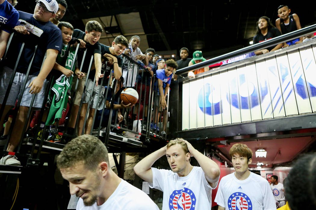 Players walk out for the Boston Celtics versus the
Dallas Mavericks 2017 NBA Summer League game at Thomas & Mack in Las Vegas on Saturday, July 15, 2017. Bridget Bennett Las Vegas Review-Journ ...