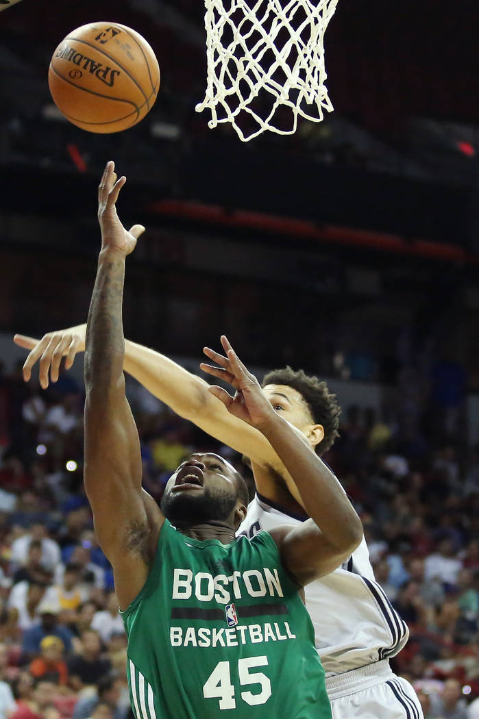 Boston Celtics guard Kadeem Allen goes up for a shot during the Celtics 2017 NBA Summer League game against the Dallas Mavericks at Thomas & Mack in Las Vegas on Saturday, July 15, 2017. Bridg ...
