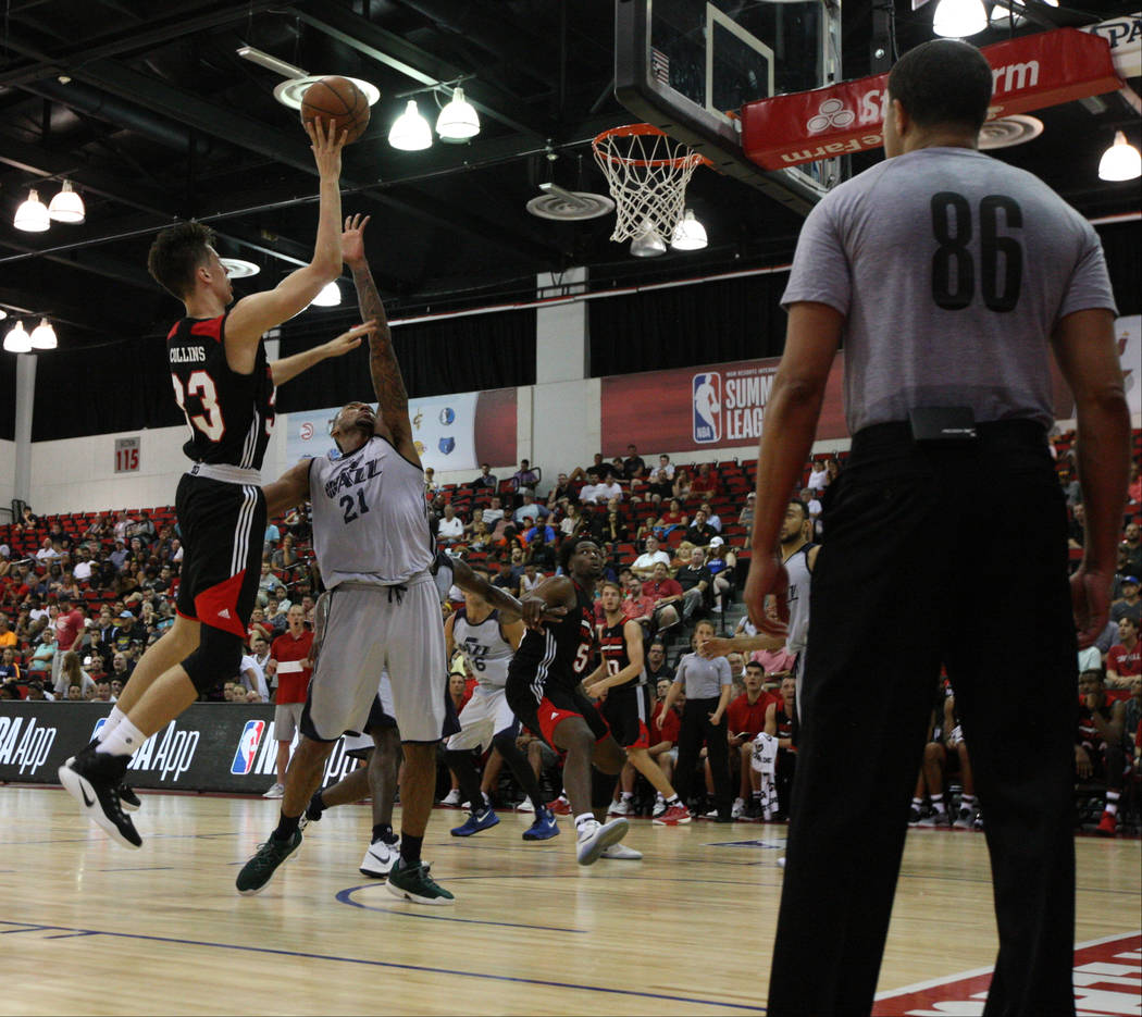 Portland Trail Blazers rookie Zach Collins (33) tries to score during the Trail Blazers NBA Summer League game against the Utah Jazz at the Cox Pavilion in Las Vegas on Saturday, July 8, 2017. Gab ...