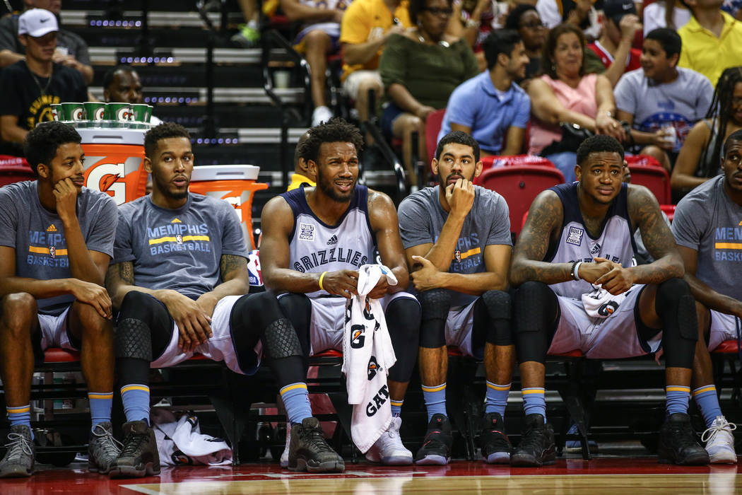 Memphis Grizzlies player Wayne Selden Jr. ,third from left, during the NBA Summer League semifinal game at Thomas and Mack Center on Sunday, July 16, 2017, in Las Vegas.