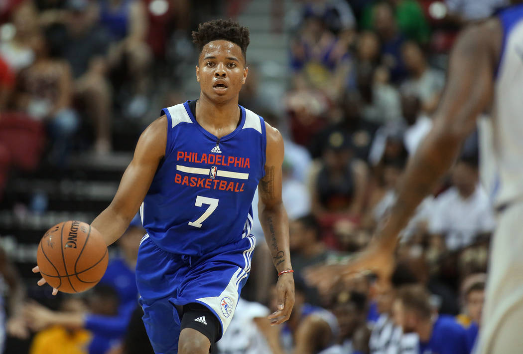 Philadelphia 76ers guard Markelle Fultz bring the ball up the court during the 76ers NBA Summer League game against the Golden State Warriors at Thomas and Mack Center in Las Vegas on Sa ...