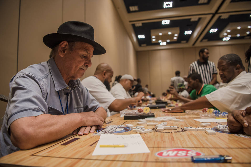 August Santana plays in the first round at the Summer Slam Domino Tournament hosted by the The Universal Domino League at Westgate hotel-casino on Saturday, July 8, 2017, in Las Vegas. Morgan Lieb ...