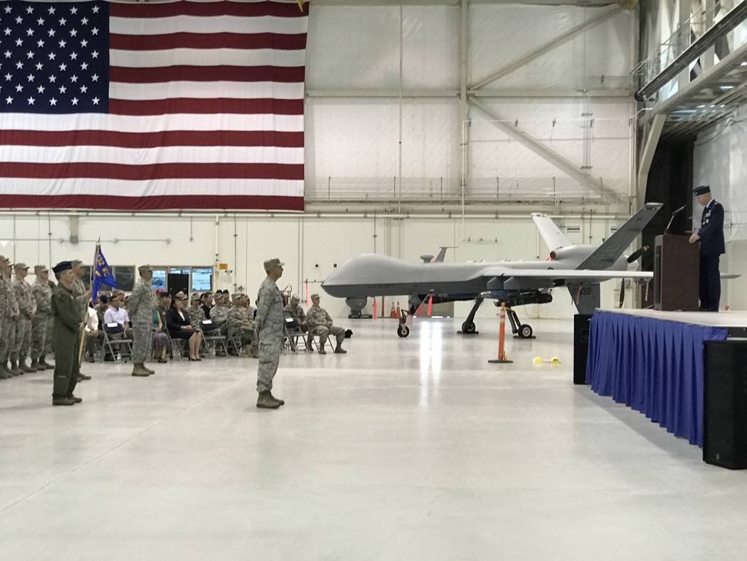 Change-of-command ceremony for the 432nd Wing inside the Reaper hangar at Creech Air Force Base, Thursday, July 6, 2017. (Keith Rogers/Las Vegas Review-Journal)