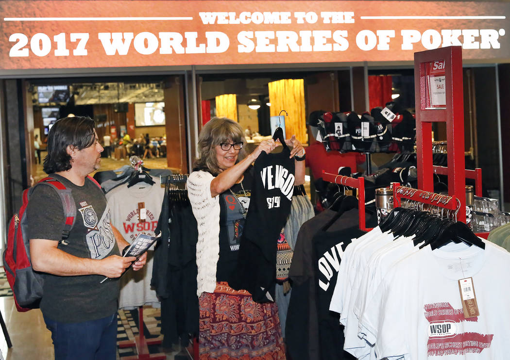 A couple, who declined to give their names, shop for 2017 World Series of Poker T-shirts at the Rio hotel-casino’s gift shop on Friday, July 7, 2017, in Las Vegas. (Bizuayehu Tesfaye/Las Vegas R ...