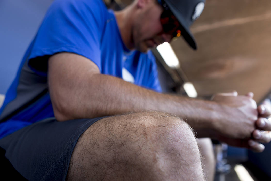 Las Vegas 51s pitcher Beck Wheeler's knee still has a scar   from a boating accident in 2007, at Cashman Field in Las Vegas, Wednesday, July 5, 2017. Elizabeth Brumley Las Vegas Review-Journal