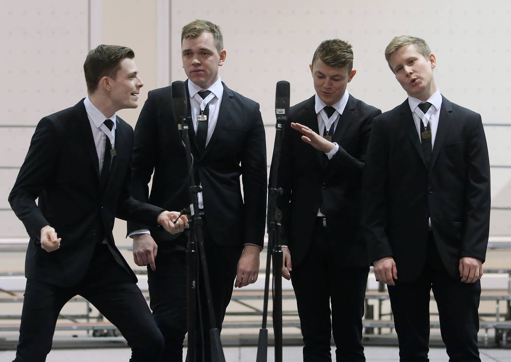 The Blindside from Brisbane, Australia, Gareth Clarke, left, Michael Webber, Tim Green, and Trent Lewis, right, perform at Bally's hotel-casino during the 2017 Barbershop Harmony Society’s  ...