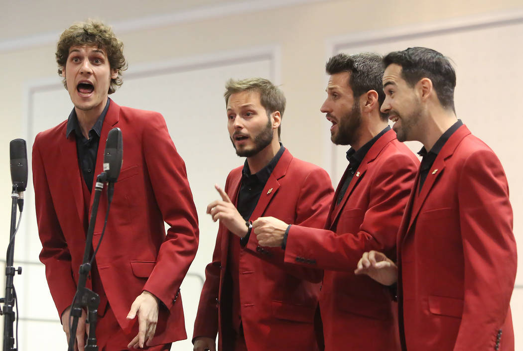 The Hanfris from Spain, Juan Bertrand, left, Adrià Sivilla, Jordi Forcadell, and Gener Salicrú, right, perform at Bally's hotel-casino during the 2017 Barbershop Harmony Society’s ...