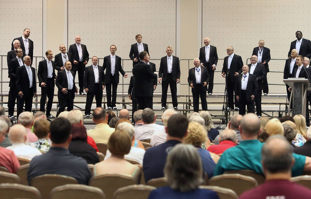 The Cottontown Chorus from Bolton, England perform at Bally's hotel-casino during the 2017 Barbershop Harmony Society’s international convention on Saturday, July 8, 2017, in Las Vegas. Biz ...