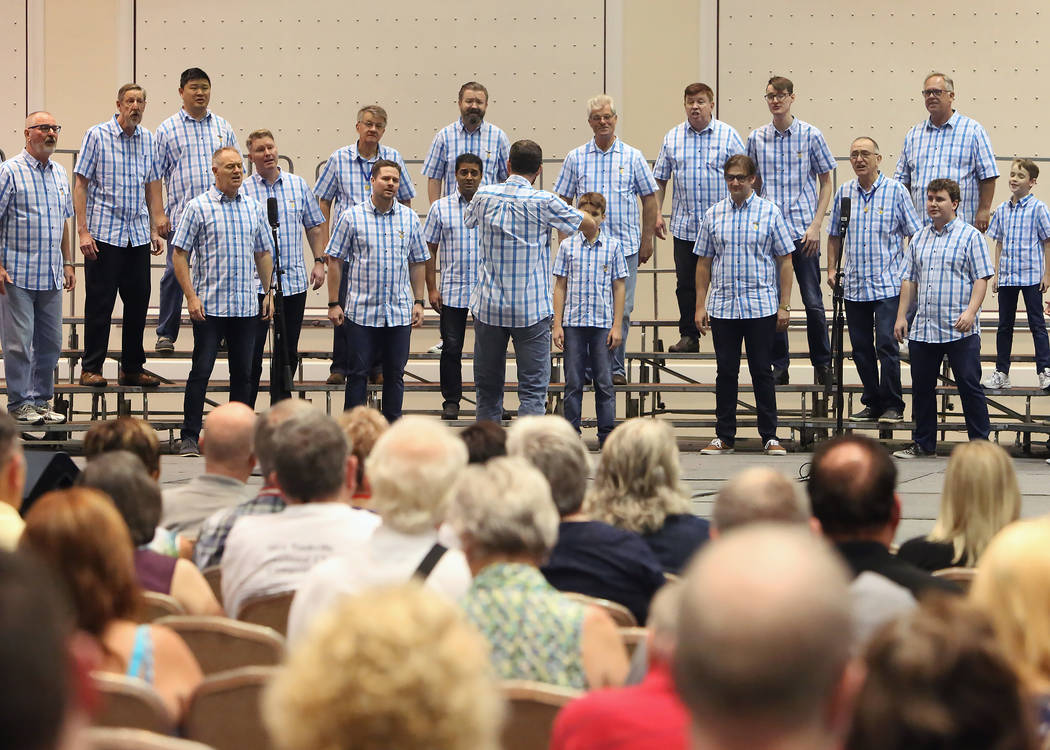 Sound Connection Chorus from Australia perform at Bally's hotel-casino during the 2017 Barbershop Harmony Society’s international convention on Saturday, July 8, 2017, in Las Vegas. Bizuaye ...