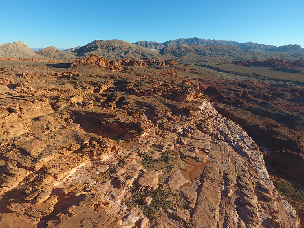 Michael Quine/Las Vegas Review-Journal
An aerial view on Tuesday, January 17, 2017 of Little Finland in Gold Butte National Monument, a plateau of red sandstone that has been shaped by the element ...
