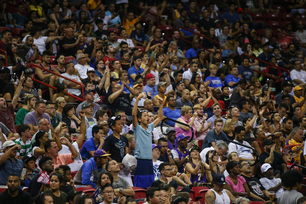 The crowd cheers in the last few minutes of the Los Angeles Lakers versus Dallas Mavericks NBA Summer League semifinal game at Thomas and Mack Center on Sunday, July 16, 2017, in Las Vegas. Morgan ...