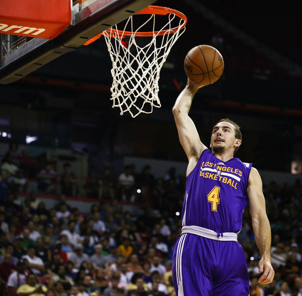 Los Angeles Lakers  guard Alex Caruso goes in for the slam dunk during the NBA Summer League semifinal game at Thomas and Mack Center on Sunday, July 16, 2017, in Las Vegas. Morgan Lieberman Las V ...