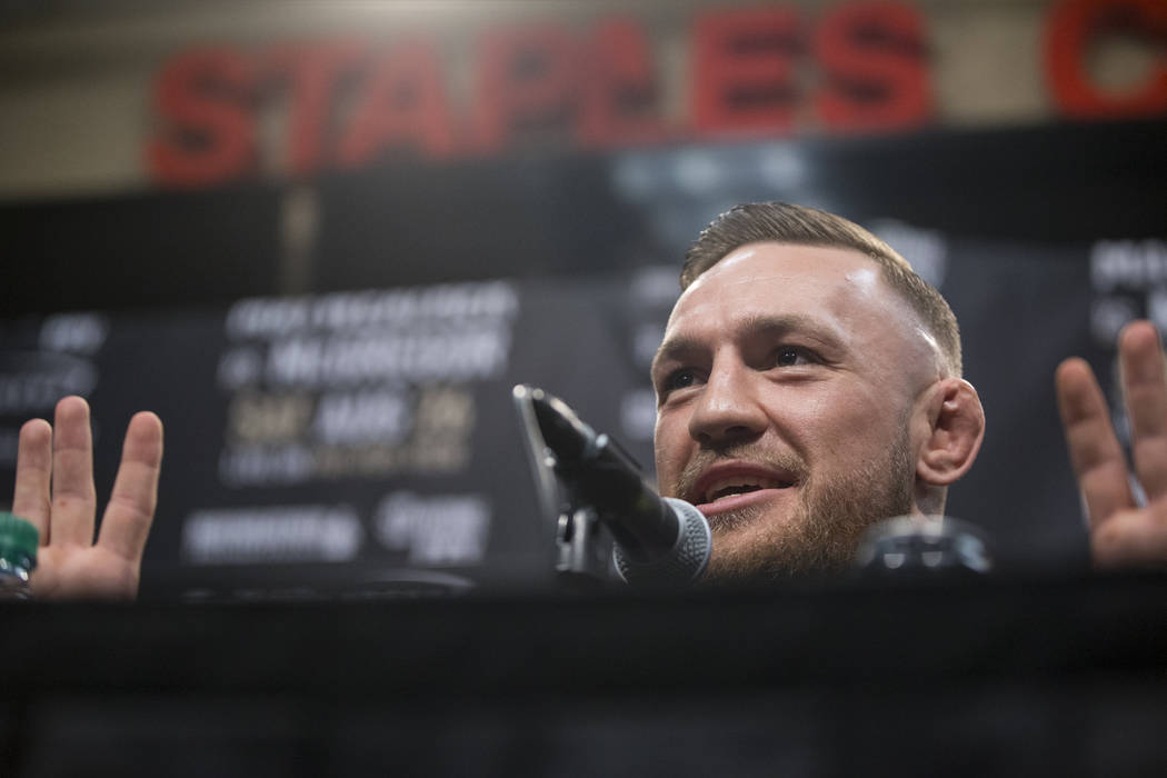 UFC fighter Conor McGregor during a world tour event stop to promote his upcoming fight against Boxer Floyd Mayweather Jr., at Staples Center in Los Angeles, Calif., on Tuesday, July 11, 2017. Eri ...