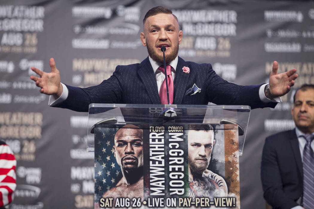 UFC fighter Conor McGregor during a world tour event stop to promote his upcoming fight against Boxer Floyd Mayweather Jr., at Staples Center in Los Angeles, Calif., on Tuesday, July 11, 2017. Eri ...