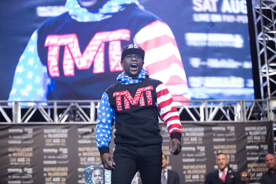 Boxer Floyd Mayweather Jr., during a world tour event to promote his upcoming fight against UFC fighter Conor McGregor, at Staples Center in Los Angeles, Calif., on Tuesday, July 11, 2017. Erik Ve ...