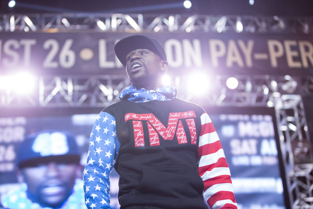 Boxer Floyd Mayweather Jr., during a world tour event to promote his upcoming fight against UFC fighter Conor McGregor, at Staples Center in Los Angeles, Calif., on Tuesday, July 11, 2017. Erik Ve ...