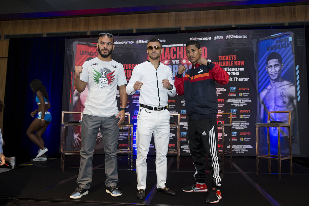 Boxers Raymundo Beltran, from left, Vasyl Lomachenko, and Miguel Marriaga, during a boxing press conference in Los Angeles, Calif., on Wednesday, July 12, 2017. Erik Verduzco Las Vegas Review-Jour ...