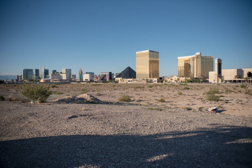 The Raiders football stadium lot, as seen facing the Las Vegas Strip on Thursday, June 22, 2017, in Las Vegas. (Morgan Lieberman/Las Vegas Review-Journal)