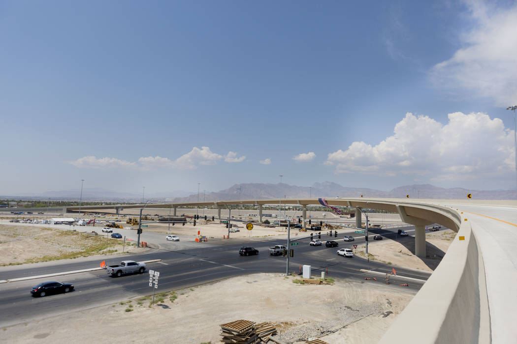 The Centennial Bowl, a 60-foot-tall, half-mile-long flyover bridge linking westbound 215 Beltway and southbound U.S. Highway 95, opens in northwest Las Vegas, Wednesday, July 12, 2017. (Elizabeth  ...
