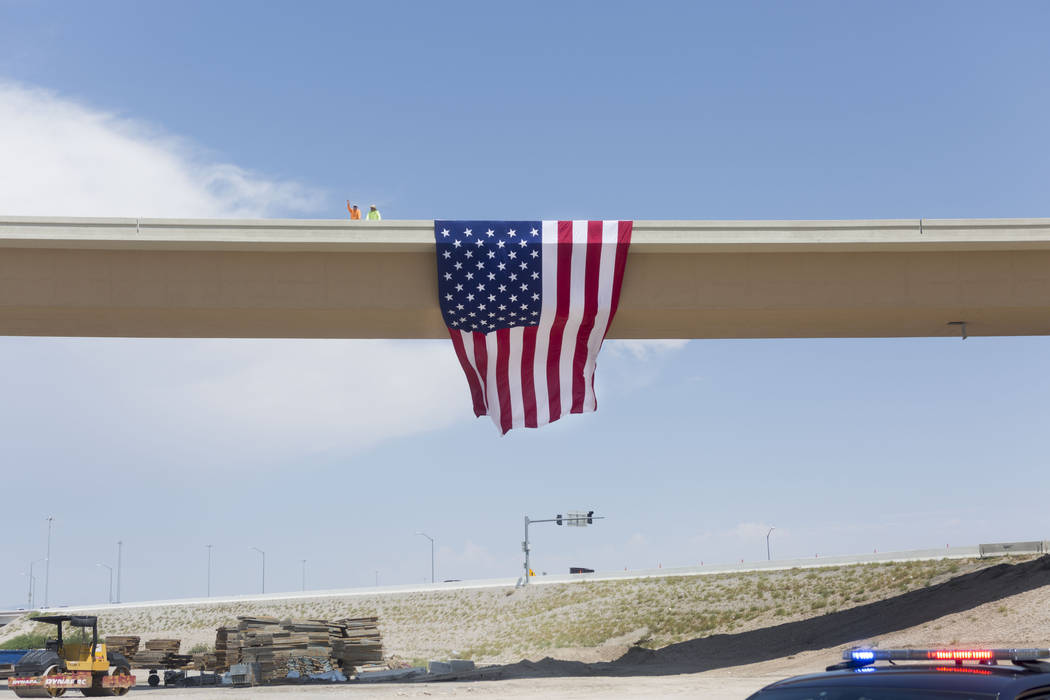 The Centennial Bowl, a 60-foot-tall, half-mile-long flyover bridge linking westbound 215 Beltway and southbound U.S. Highway 95 opens in northwest Las Vegas, Wednesday, July 12, 2017. (Elizabeth B ...