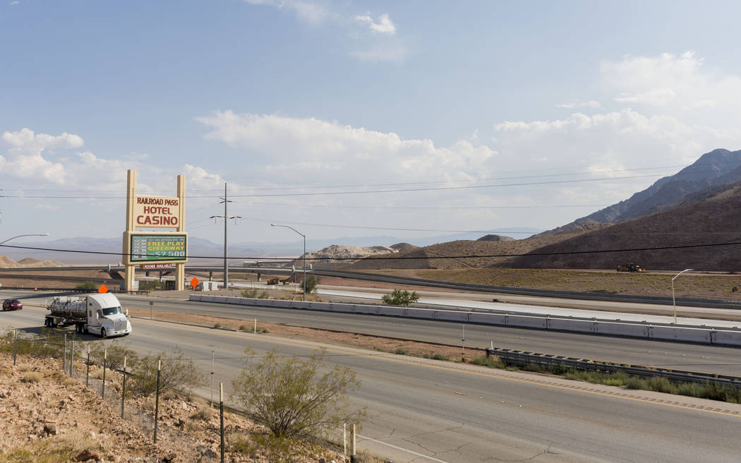 A new 600-foot-long flyover bridge that connects Interstate 11 with the overlapping U.S. Highways 93 and 95 adjacent to Railroad Pass hotel-casino in Henderson, Wednesday, July 12, 2017. Drivers w ...