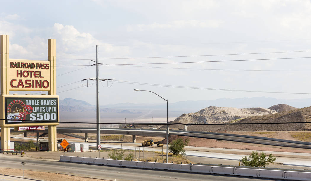 A new 600-foot-long flyover bridge that connects Interstate 11 with the overlapping U.S. Highways 93 and 95 adjacent to Railroad Pass hotel-casino in Henderson, Wednesday, July 12, 2017. Drivers w ...