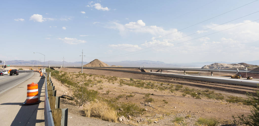 A new 600-foot-long flyover bridge that connects Interstate 11 with the overlapping U.S. Highways 93 and 95 adjacent to Railroad Pass hotel-casino in Henderson, Wednesday, July 12, 2017. Drivers w ...