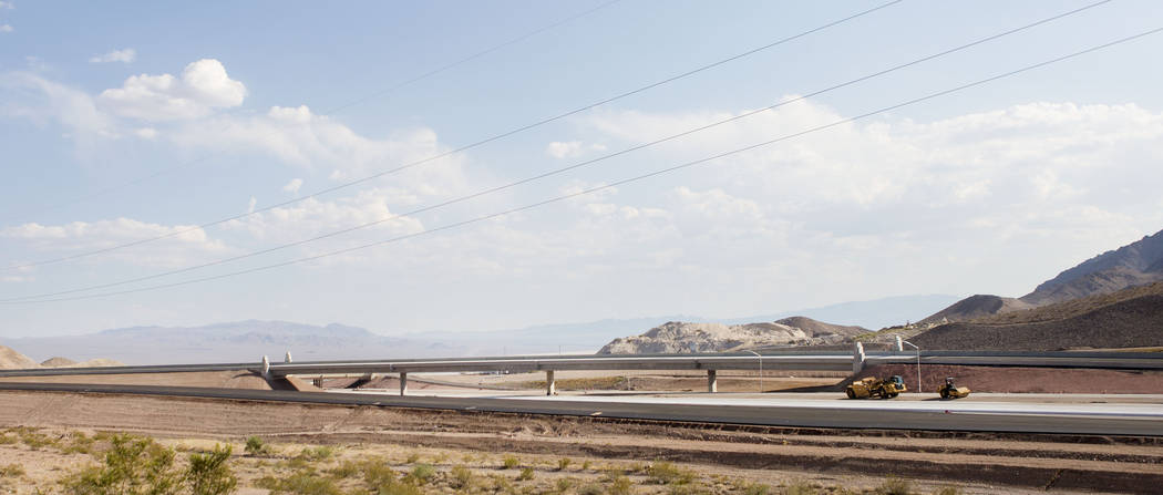 A new 600-foot-long flyover bridge that connects Interstate 11 with the overlapping U.S. Highways 93 and 95 adjacent to Railroad Pass hotel-casino in Henderson, Wednesday, July 12, 2017. Drivers w ...