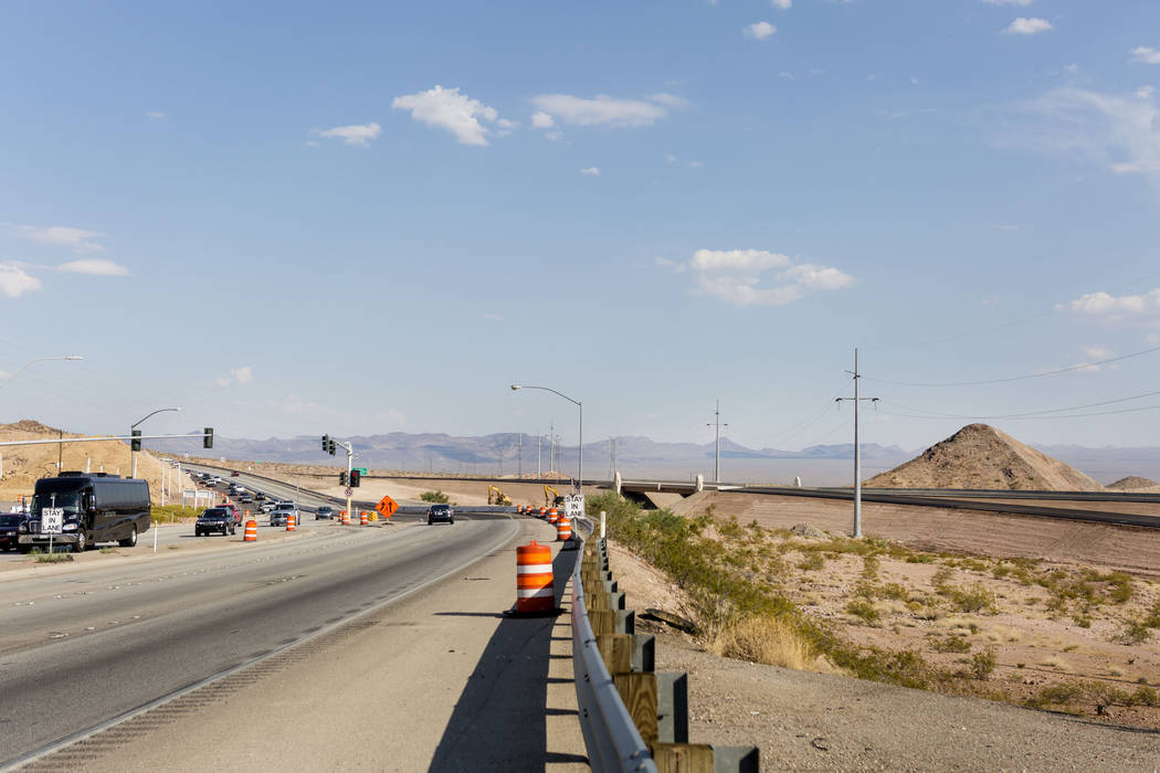 A new 600-foot-long flyover bridge that connects Interstate 11 with the overlapping U.S. Highways 93 and 95 adjacent to Railroad Pass hotel-casino in Henderson, Wednesday, July 12, 2017. Drivers w ...