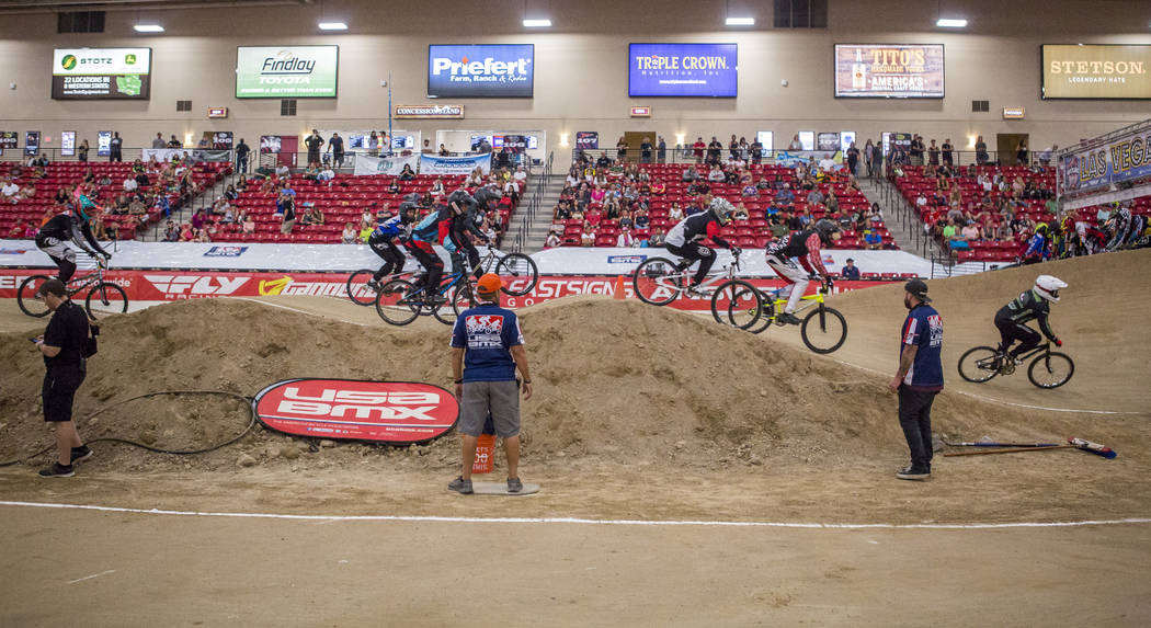 BMX riders zoom through the course during the USA BMX 2017 Las Vegas Nationals at South Point Arena on Sunday, July 16, 2017. Patrick Connolly Las Vegas Review-Journal @PConnPie
