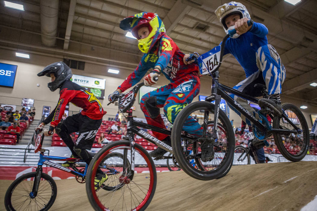 Young BMX riders crest a mound during the USA BMX 2017 Las Vegas Nationals at South Point Arena on Sunday, July 16, 2017.  Patrick Connolly Las Vegas Review-Journal @PConnPie