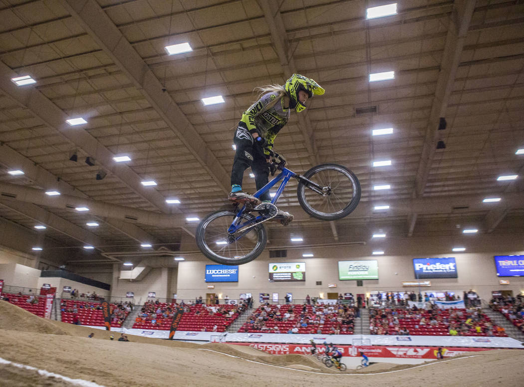 Layne Rowell flies through the air during the USA BMX 2017 Las Vegas Nationals at South Point Arena on Sunday, July 16, 2017. Patrick Connolly Las Vegas Review-Journal @PConnPie