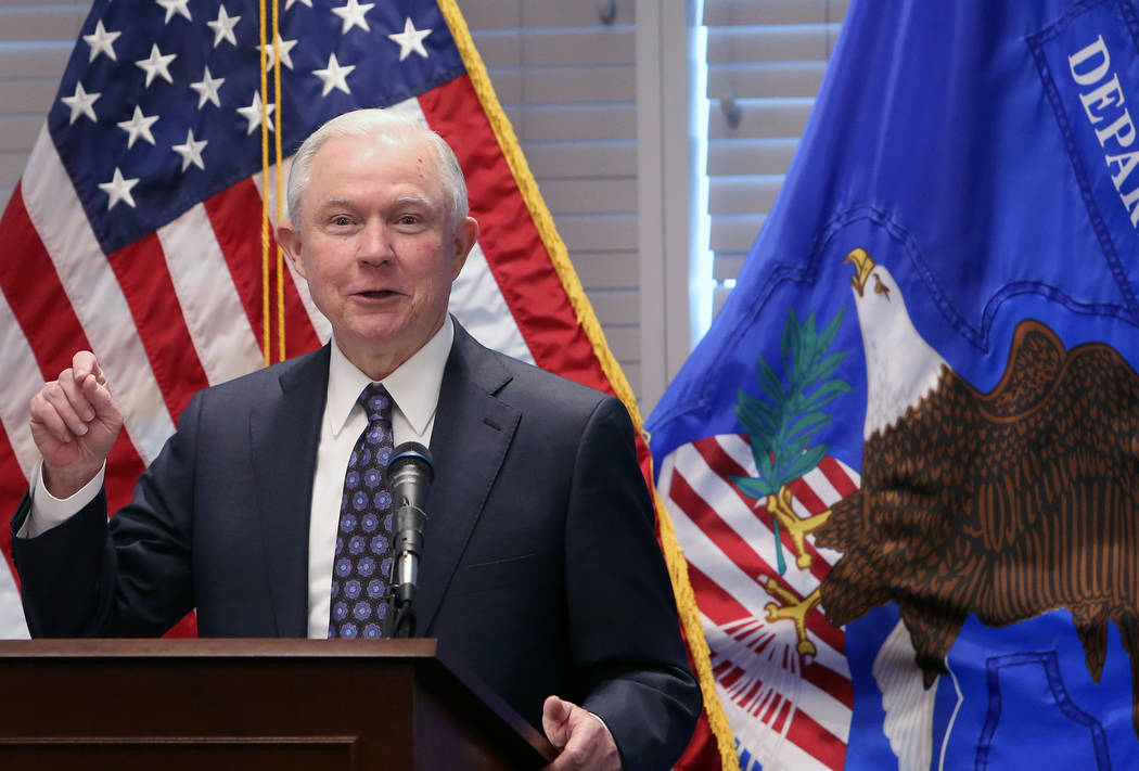 Attorney General Jeff Sessions delivers a speech to federal, state and local law enforcement about sanctuary cities and efforts to combat violent crime on Wednesday, July 11, 2017, in Las Vegas. B ...