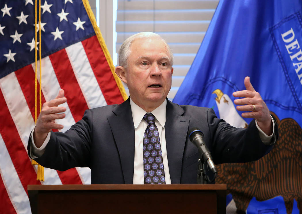 Attorney General Jeff Sessions delivers a speech to federal, state and local law enforcement about sanctuary cities and efforts to combat violent crime on Wednesday, July 11, 2017, in Las Vegas. B ...