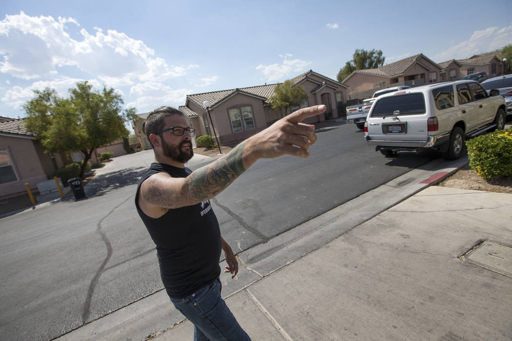Seth Wolther, 35, gestures as he speaks to the Review-Journal at the Squire Village in Las Vegas, Thursday, July 13, 2017, about his pursuit and how he apprehended a kid who attempted to rob a nei ...