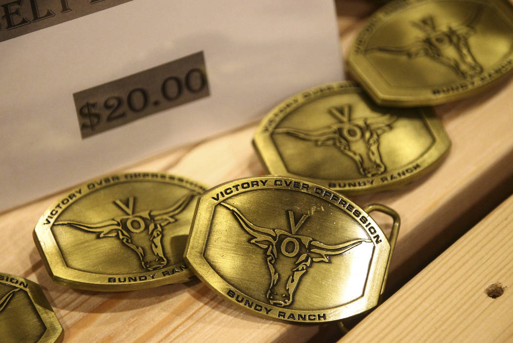 Belt buckles for sale at a fundraising event in support of the Bundy family at Rainbow Gardens in Las Vegas on Saturday, July 15, 2017. Chase Stevens Las Vegas Review-Journal @csstevensphoto