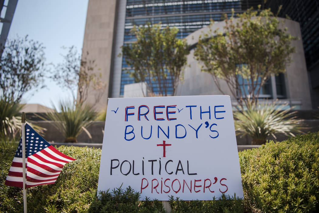 A sign is posted at a rally to support defendants in the Bundy standoff case at the Lloyd George U.S. Courthouse on Saturday, July 15, 2017, in Las Vegas. Morgan Lieberman Las Vegas Review-Journal