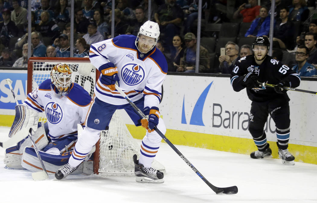 Edmonton Oilers' Griffin Reinhart (8) during an NHL hockey game against the San Jose Sharks Thursday, March 24, 2016, in San Jose, Calif. (AP Photo/Marcio Jose Sanchez)