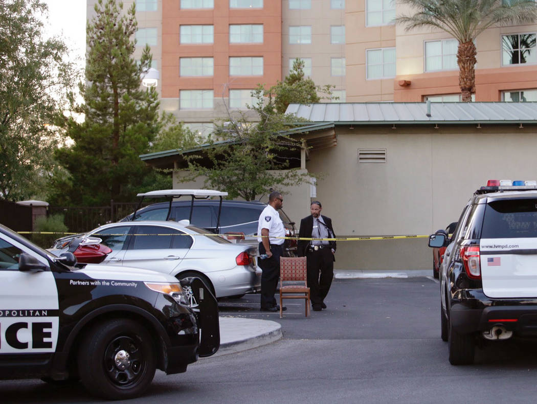 Police work outside The Grandview at Las Vegas after a 3-year-old was found suffering from heat exhaustion in Las Vegas, Saturday, July 15, 2017. The child later died. (Gabriella Angotti-Jones Las ...