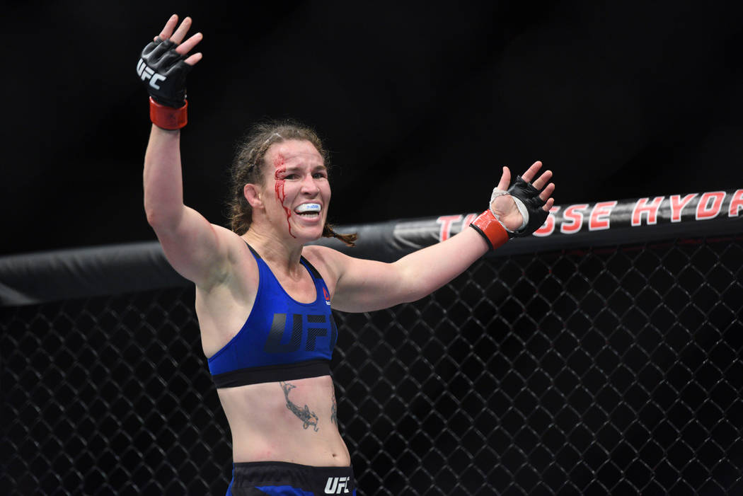 Leslie Smith reacts after defeating Amanda Lemos (not pictured) during UFC Fight Night on July 16 in Glasgow, Scotland. (Per Haljestam-USA TODAY Sports)