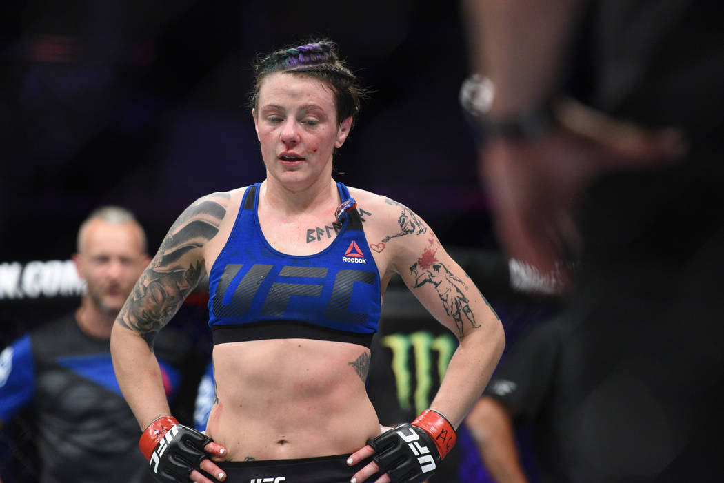 Jul 16, 2017; Glasgow, Scotland, United Kingdom; Joanne Calderwood (red gloves) reacts after her loss to Cynthia Calvillo (not pictured) during UFC Fight Night at SSE Hydro. Mandatory Credit: Per ...