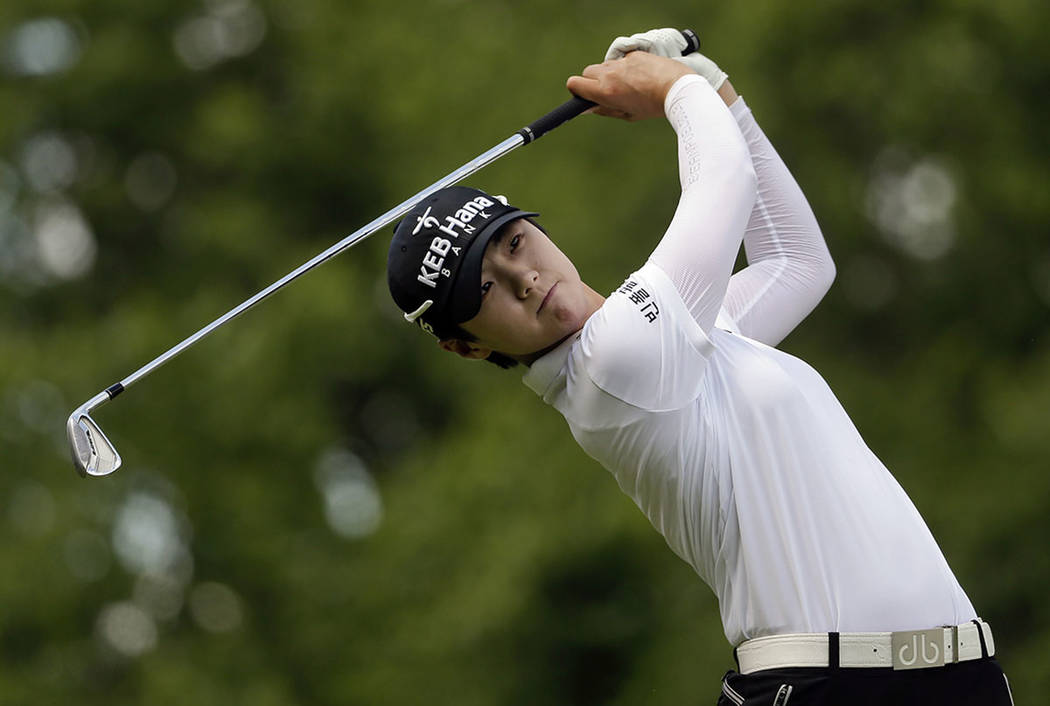 South Korea's Sung Hyun Park tees off on the fourth hole during the final round of the U.S. Women's Open Golf tournament Sunday, July 16, 2017, in Bedminster, N.J. (AP Photo/Seth Wenig)