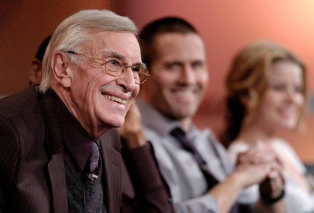 FILE PHOTO -  Martin Landau (L), a cast member in the ABC drama series &quot;The Evidence,&quot; participates in a Q&A session with fellow cast members Rob Estes (C) and Anita Briem at ...