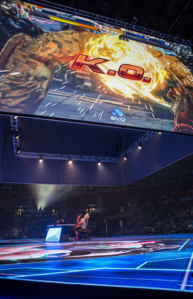 Jae Min Bae aka "Knee" and Jin Woo Choi aka "Saint" face off in Tekken 7 during the Evo 2017 Championship Series, a fighting game tournament, at the Mandalay B ...