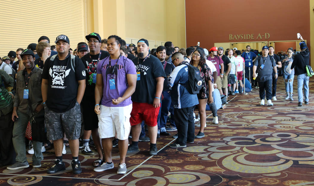 A crowd of video game players formed two hours before the 2017 Evolution Championship Series opened its doors Friday, July 14, 2017 at Mandalay Bay. Evo is an annual video gaming tournament dedica ...